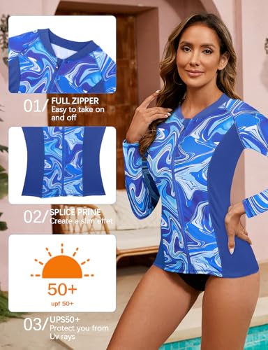 LURANEE Women's Zip Up Rash Guards for Women UPF50+ Long Sleeve Swimsuit - color: Blue Tie Dye-2, size: Medium