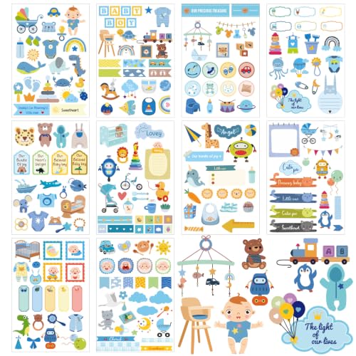 10 Sheets Baby Boy Scrapbook Stickers, Various Designs Toddler Decals - color: Blue