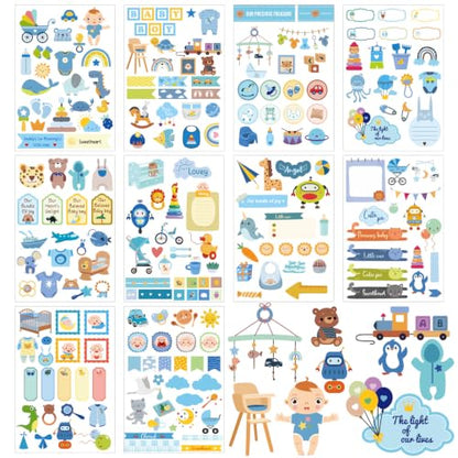 10 Sheets Baby Boy Scrapbook Stickers, Various Designs Toddler Decals - color: Blue