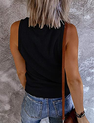 MEROKEETY Womens Summer Sleeveless Ribbed Tank Tops Trendy Henley Shirts - color: Black, size: Small