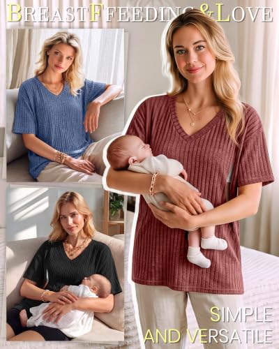 Huukeay 3 Pack Women's V Neck Nursing T-Shirts - color: Dark Red, Denim Blue, Black, size: Small