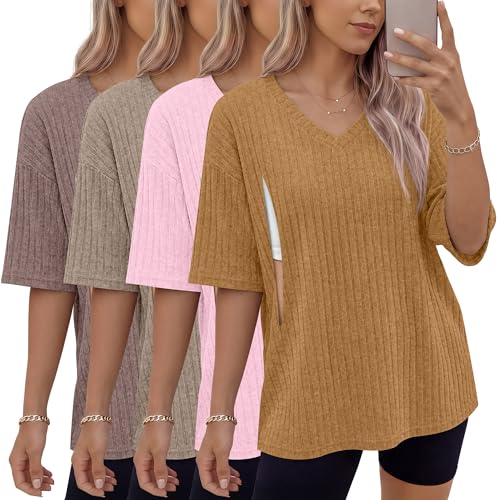 Ficerd 4 Pack Women's Oversize Nursing Shirts - color: Orange, Light Pink, Khaki, Light Coffee, size: X-Large