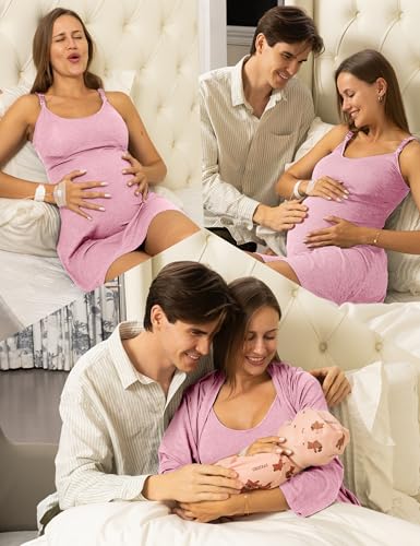 SUNNYBUY Nursing Nightgown & Maternity Robe Set for Postpartum Sleepwear - color: Pink, size: X-Large