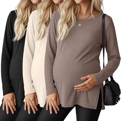 Riyiper 3 Pack Women Maternity Shirts Long Sleeve Pregnancy Tops - color: Camel, Cream, Black, size: X-Large