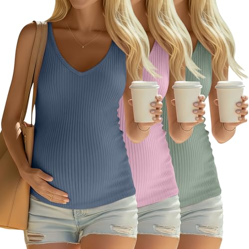 3 Pack Maternity Tank Tops Ribbed V Neck - color: Haze Blue, Pink, Gray Green, size: X-Large