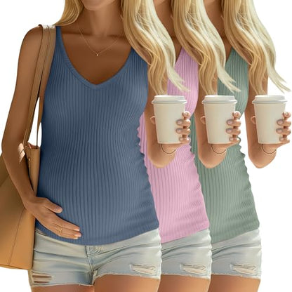 3 Pack Maternity Tank Tops Ribbed V Neck - color: Haze Blue, Pink, Gray Green, size: Medium