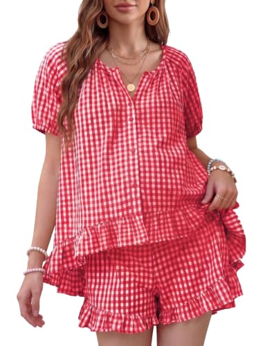 BLENCOT Maternity Clothes 2 PCS Gingham Cotton Pregnancy Pajamas Short Sets - color: Red, size: Small