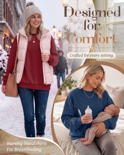 Locoowai 2 Pack Women's Oversize Nursing Sweatshirts - color: Wine Red, Navy Blue, size: Medium