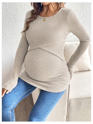 MakeMeChic Women's Maternity Shirts Nursing Top Fall Maternity Clothes - color: Khaki, size: Medium