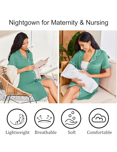 Ekouaer Nightgowns for Women Bamboo Viscose Button Down Sleepshirts - color: Green, size: Small