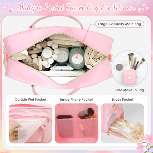 2 Pcs Weekend Duffel Bag with Shoes Compartment Cosmatic Bag for Travel Vacation Overnight Carry on - color: Pink/Weekend