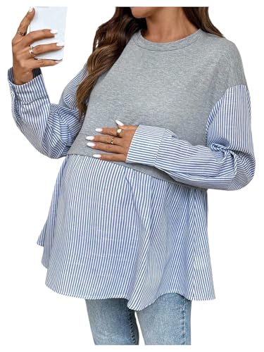 MakeMeChic Women's Going Out Striped Maternity T Shirt Crew Neck Long Sleeve Pregnancy Tops - size: Medium