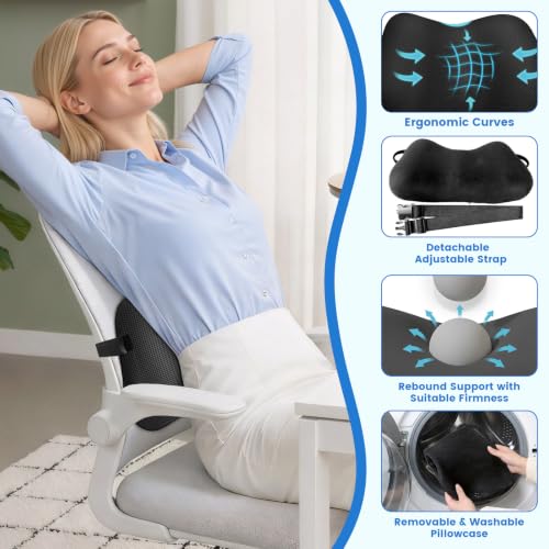 Lumbar Support Pillow, Memory Foam Back Cushion for Office Chair Car, Black - color: Black