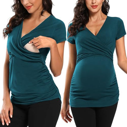 Glampunch Women's Maternity Nursing Tops Short Sleeve V Neck Breastfeeding Tee Shirts Pregnancy Tops - color: Peacock Blue, size: Medium