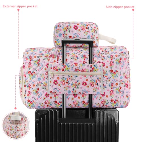 Pink Floral Quilted Weekender Duffel Bag Set with Shoe Compartment - color: Pink Print