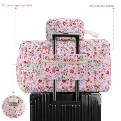 Pink Floral Quilted Weekender Duffel Bag Set with Shoe Compartment - color: Pink Print