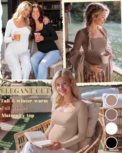 4 Pcs Womens Maternity Long Sleeve Square Neck Shirts - color: Khaki, Coffee, White, Black, size: Medium