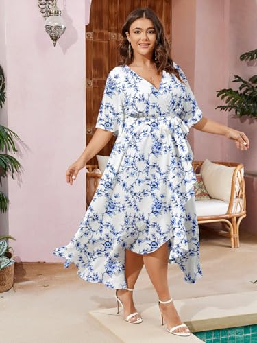 SCOMCHIC Women Plus Size Wedding Guest Maxi Dress - color: White Blue Floral, size: Large
