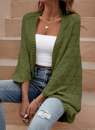 Sidefeel Women's Crochet Oversized Cardigan Sweaters Spring Hollow Out Long Batwing Sleeve Summer Shrugs Lightweight Sweater - color: Green, size: Small