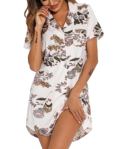 Pjmlifecoco Women's Button Down Nightgown Short Sleeve Sleep Shirt - color: White Maple Flower, size: Small