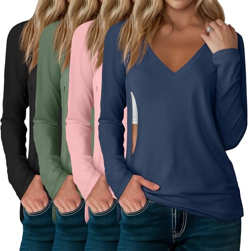 4 Pack Women's Long Sleeve Nursing Maternity Shirts - color: Black, Apple Green, Soft Pink, Haze Blue, size: Small