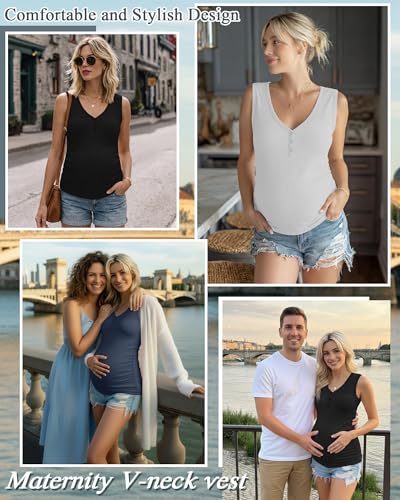 3 Pack Women Maternity Henley Tank Tops - color: Black, White, Haze Blue, size: Large