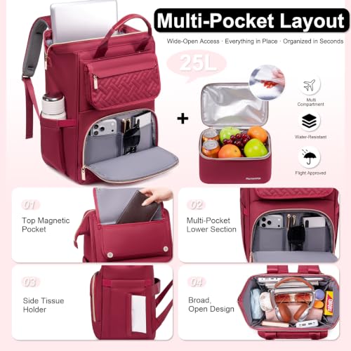 Lunch Backpack For Women, 15.6 Inch Laptop Backpack with Lunchbox - color: Winered