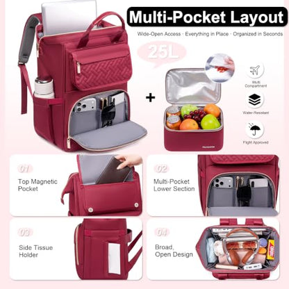Lunch Backpack For Women, 15.6 Inch Laptop Backpack with Lunchbox - color: Winered