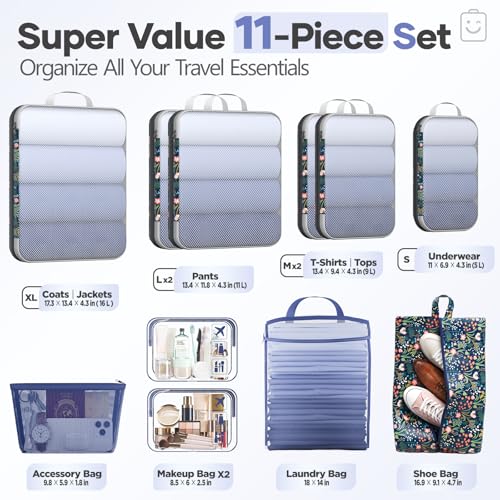 Veken 11 Set Compression Packing Cubes for Travel Essentials,Compressible Expandable Luggage Suitcase Organizer Bags for Clothing,Space Saver Bags with Over 1000 pcs of Mesh Holes(Dark Blue Floral) - color: Dark Blue Floral, size: 11 set