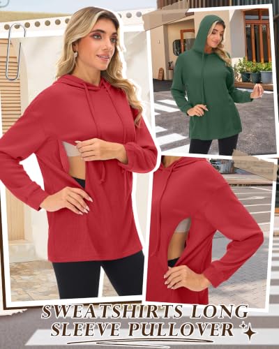 Ficerd 2 Pack Women's Nursing Waffle Hoodies Breastfeeding Tops - color: Watermelon Red, Turquoise, size: Small