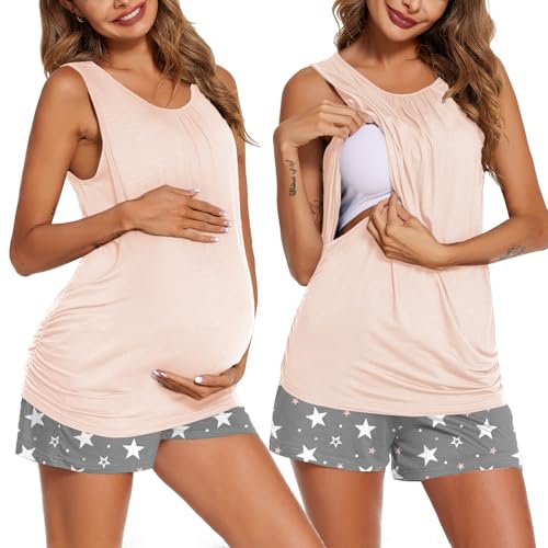 Ekouaer Nursing Pajamas Set Postpartum Tank Tops and Shorts - color: Pink-grey Star, size: Medium