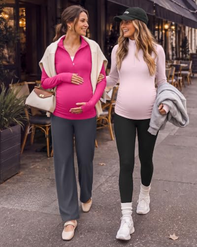 G4Free Lightbreeze Maternity Shirts Long Sleeve Quarter Zip Pregnancy Top - color: Hot Pink, size: Medium