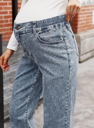 BLENCOT Women Wide Leg Elastic Waist Maternity Jeans with Pockets - color: Myosotis, size: Medium