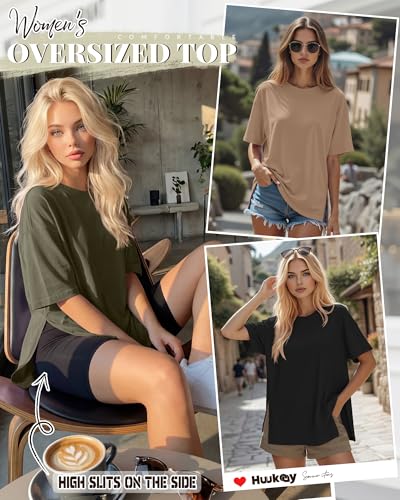 Huukeay 3 Pack Women's Oversized T Shirts Workout Tops - color: Black, Army Green, Coffee, size: Small