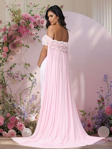 Maternity Mesh Off Shoulder Chiffon Cloak Maxi Photoshoot Dress - color: Pink-a, size: Medium