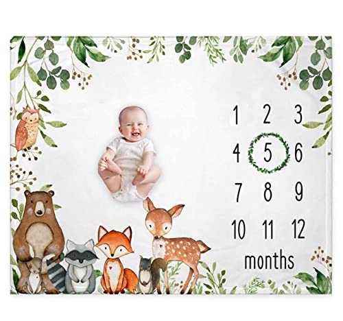 RICEFINE Woodland Baby Monthly Milestone Blanket, Animals Growth Chart, Watch Me Grow Forest Nursery for New Moms Baby Shower (50"x40")