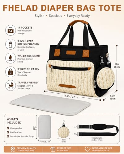 FHELAD Diaper Bag Tote for Women, Baby Diaper Bag Set (Black-White) - color: Black-white