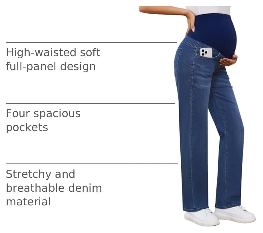 POSHGLAM Women's Maternity Jeans Straight Leg Over Belly Comfy Stretch Casual Denim Pants - color: A02 Dark Blue, size: Medium