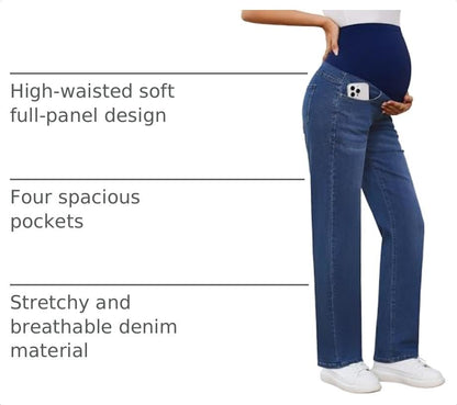 POSHGLAM Women's Maternity Jeans Straight Leg Over Belly Comfy Stretch Casual Denim Pants - color: A02 Dark Blue, size: Medium