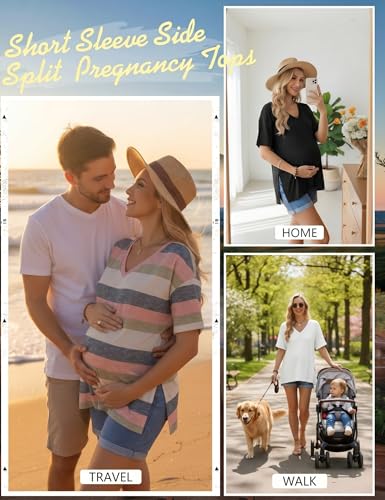 Ekouaer Maternity Shirts 3 Pack Oversized Pregnancy Tops Summer Clothes - color: 3 Pcs Black/ White/ Pink Stripe, size: Medium