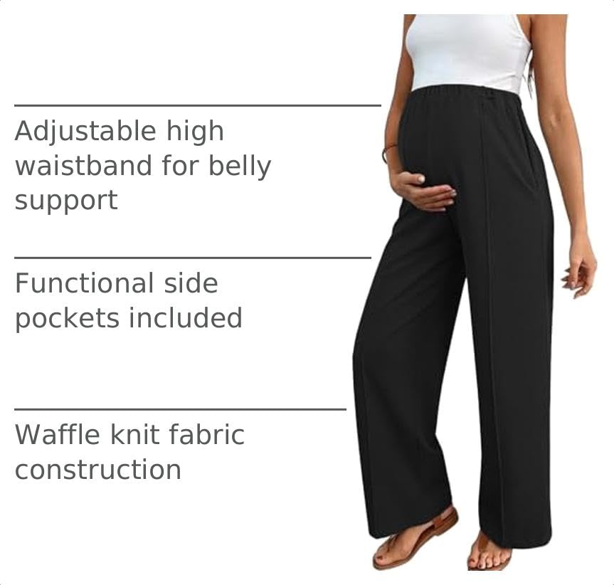 BLENCOT Women's Maternity Pants Work Adjustable Waisted Wide Leg Waffle Knit Trousers Pregnancy Clothes with Pockets - color: Black, size: Small