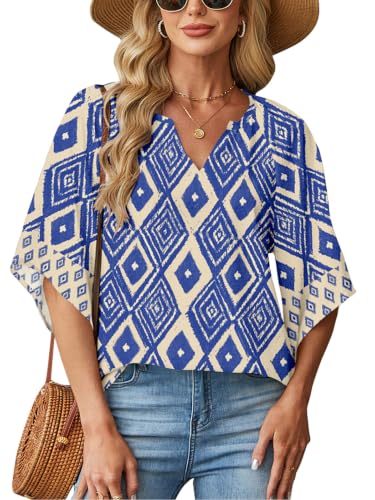 Poetsky Womens Boho Tops V Neck 3/4 Sleeve Blouses Loose Fit Tunic Shirts - color: Blue, size: Large
