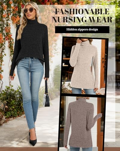 3 Pack Womens Turtleneck Nursing Tops Ribbed Sweaters - color: Coffee, Apricot, Black, size: Large