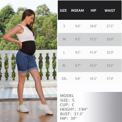 Bhome Maternity Bermuda Denim Jean Shorts Over the Belly Full Panel Casual Pregnancy Short Pants - size: Small