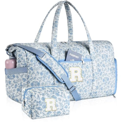 Personalized Quilted Duffle Bag for Travel Gym Weekender Hospital Carry On - color: Blue Flower, size: R