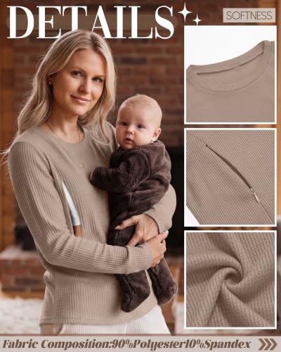 Neer 3 Pack Women's Nursing Hidden Zipper Long Sleeve Shirts - color: Khaki, White, Black, size: Medium