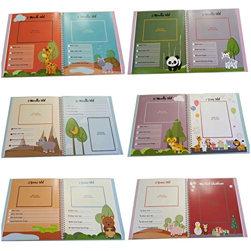 Novarena First 5 Years Baby Memory Book Journal Scrapbook 48 Pack Monthly Milestones Stickers & Clean-Touch Baby Safe Ink Pad - color: Giraffe and Jungle Theme for Boys
