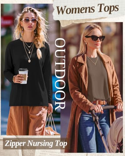 3 Pack Nursing Breastfeeding Tops - color: Charcoal Gray, Light Brown, Black, size: XX-Large