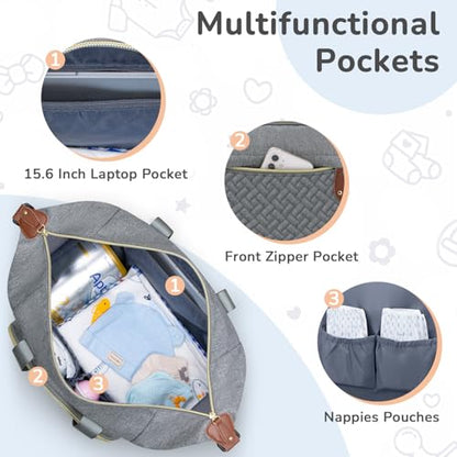 Tenot Diaper Bag Tote, Baby Diaper Bag with Pacifier Case Grey - color: Grey, size: Large