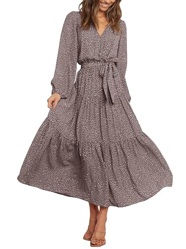 PRETTYGARDEN Womens Long Sleeve Boho Floral Wrap Maxi Dress - color: Brown, size: X-Large